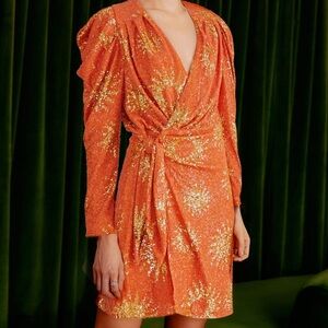 Farm Rio Orange Sunny Mood Sequin Long Sleeve Mini Dress